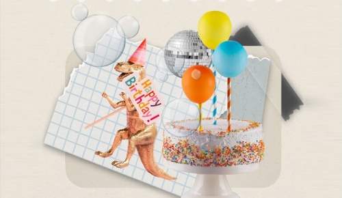 a birthday cake featuring a dancing dinosaur surrounded by colorful balloons with candles on a stand