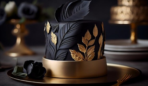 black fondant cake with gold leaf and a dramatic feather decoration