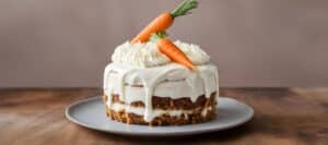 A lusciously iced carrot cake, topped with a fresh carrot, presented on a simple plate