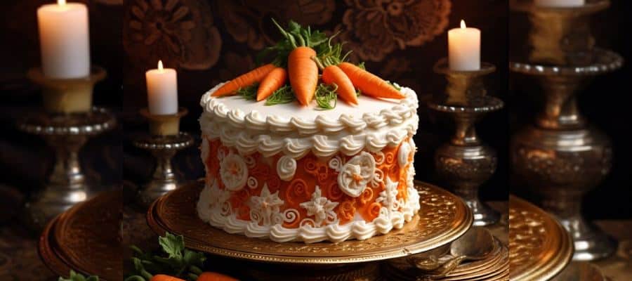 legant carrot cake, adorned with fresh carrots and intricate icing designs, presented on a vintage serving plate with ambient candlelight.