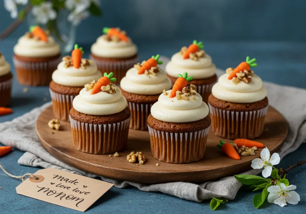 Carrot cupcakes topped with cream cheese frosting, chopped walnuts, and mini fondant carrots, arranged on a wooden tray with a tag reading “Made with love, Mom.”