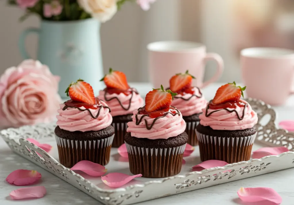 Chocolate cupcakes topped with pink strawberry frosting, chocolate drizzle, and fresh strawberry halves for Chocolate Cupcakes with Strawberry Purée.