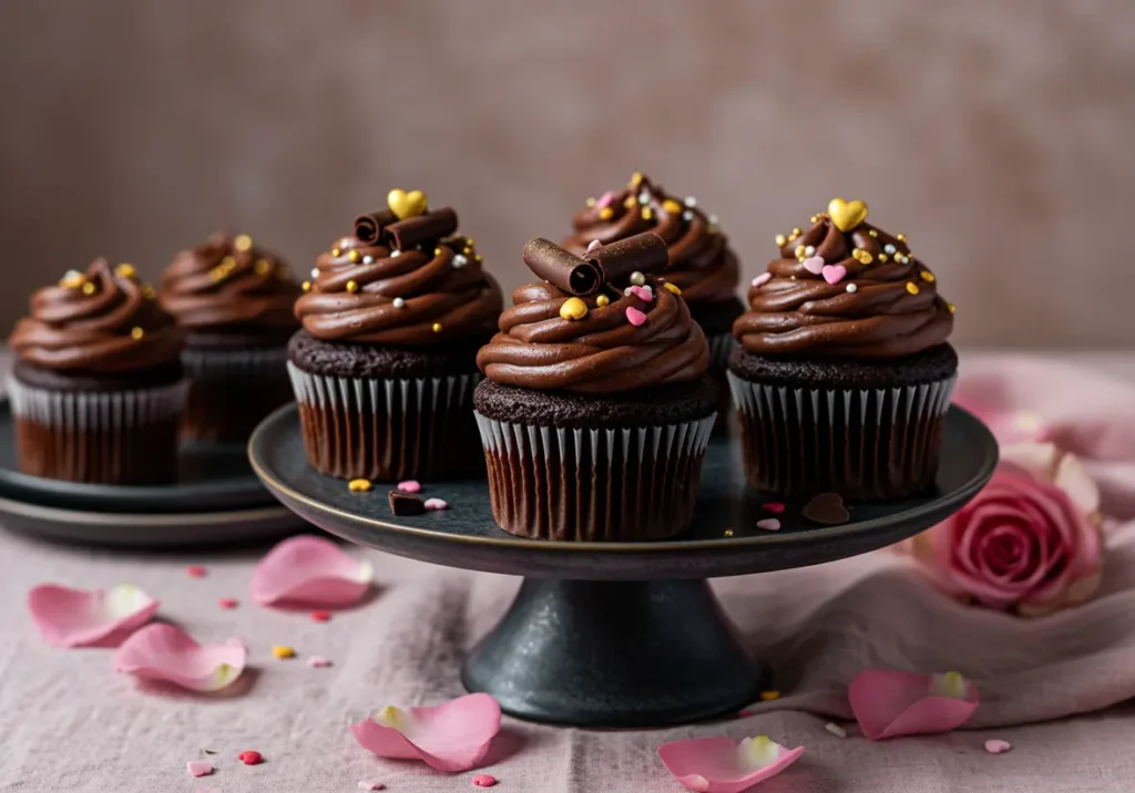 Chocolate fudge cupcakes topped with rich swirls of frosting, colorful heart sprinkles, and chocolate curls, perfect for a sweet celebration.