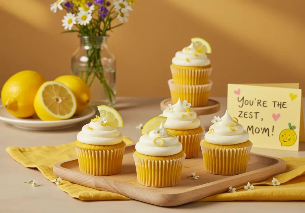 Lemon cupcakes topped with creamy frosting, lemon zest, and fresh lemon slices, styled beside a Mother’s Day card reading “You’re the zest, Mom!”
