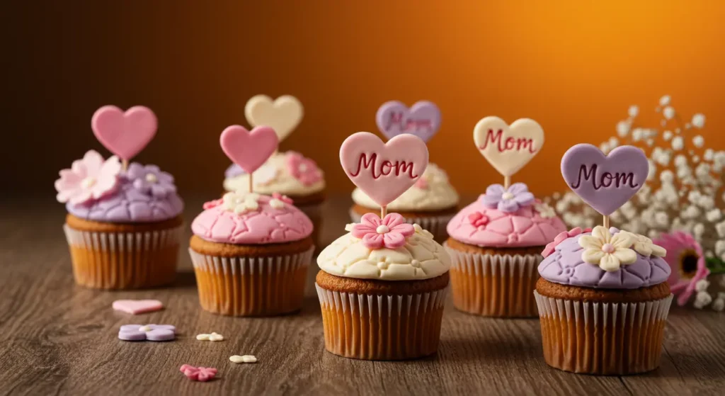 A variety of colorful cupcakes decorated with heart-shaped toppers that say "Mom" and floral fondant for Delightful Cupcake Ideas for Mother's Day.