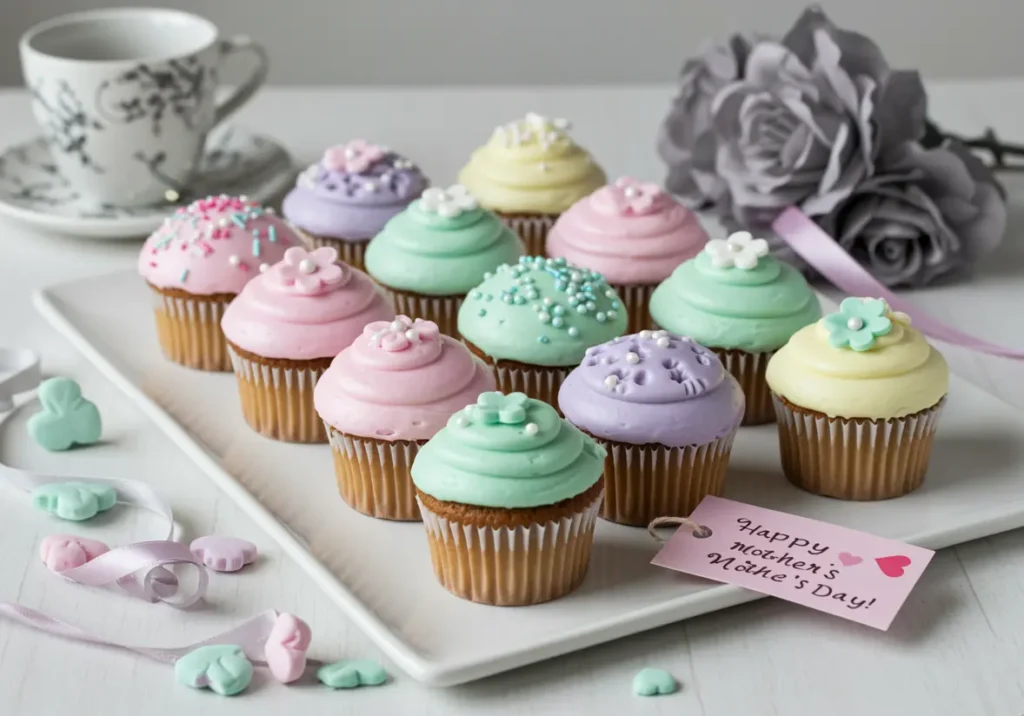 A tray of pastel iced cupcakes topped with delicate flower decorations, arranged with a Mother's Day tag and soft floral elements.