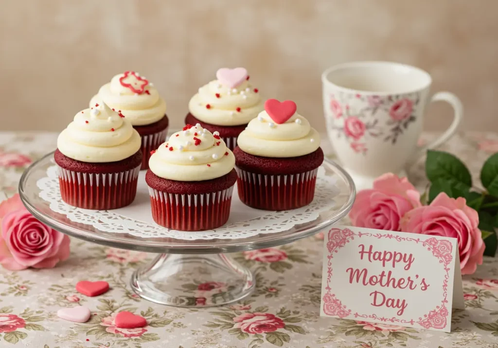 Red velvet cupcakes with cream cheese frosting and heart-shaped toppers, styled with roses for a Red Velvet Cupcakes Mother's Day treat.