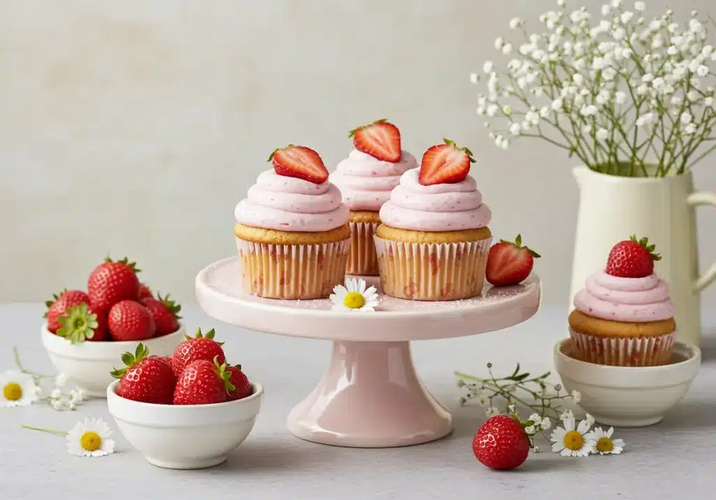Strawberry cupcakes topped with swirls of pink strawberry frosting and fresh strawberry halves, arranged with daisies and bowls of whole berries.