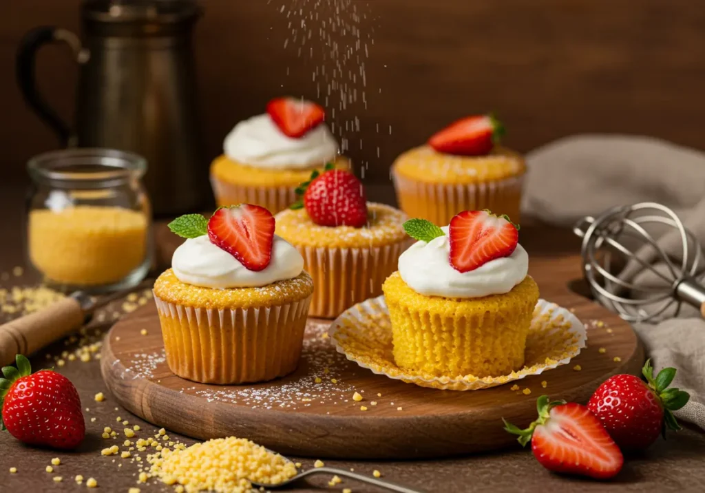 Strawberry & polenta cupcakes topped with whipped cream, fresh strawberry halves, and mint leaves, with sugar being dusted over them.