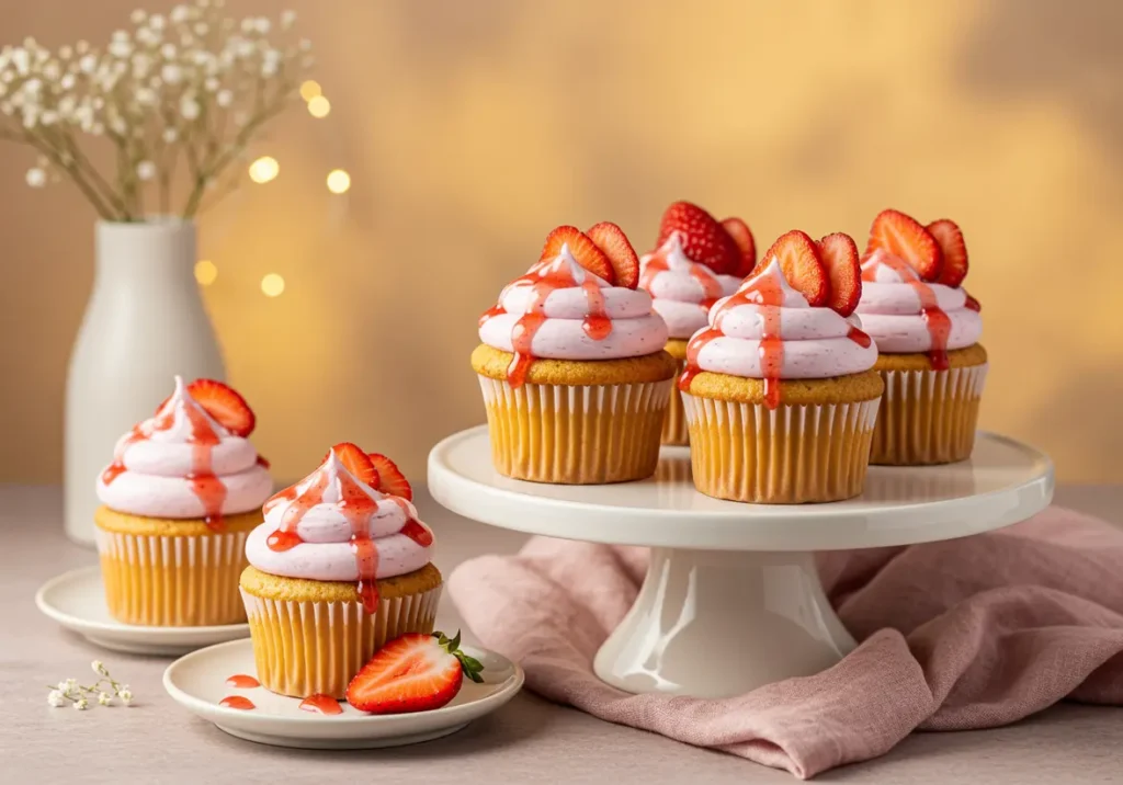 Vanilla cupcakes topped with pink strawberry frosting, strawberry purée drizzle, and fresh strawberry slices for Vanilla Cupcakes with Strawberry Purée.