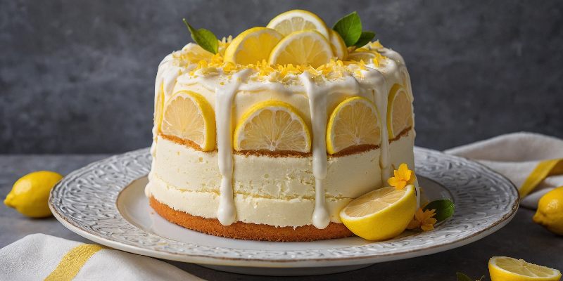 A round lemon cake with smooth frosting is topped with lemon slices and drizzles of icing. It sits on a decorative plate, adorned with yellow flowers and lemon halves. 