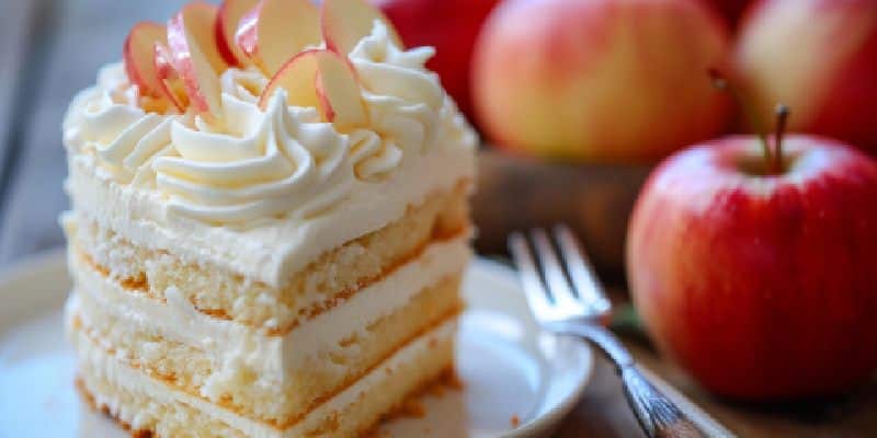 A slice of layered apple cake with white frosting and apple slices on top sits on a plate. A fork is beside the plate, and fresh apples are in the background.