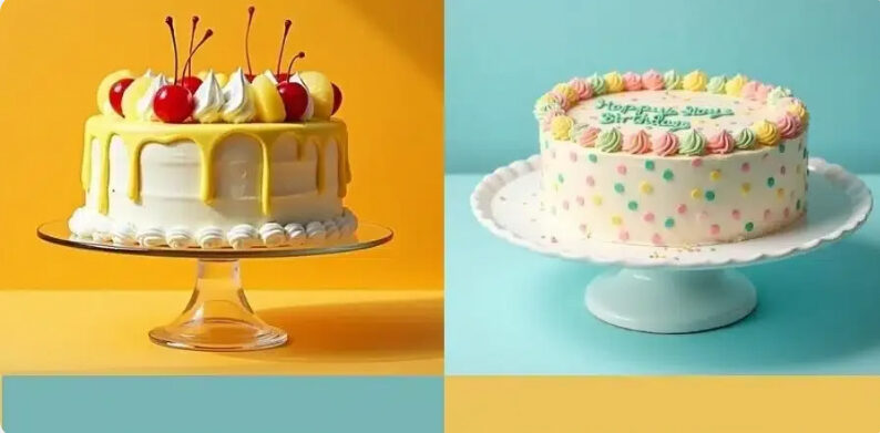 Side-by-side comparison of custom cake with fruit decorations versus store-bought cake with pastel polka dots.