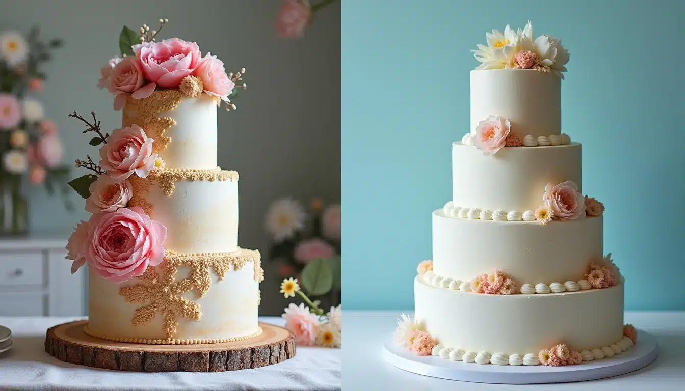 Custom multi-tiered cakes with intricate floral decorations, exemplifying how size and complexity affect the price. 