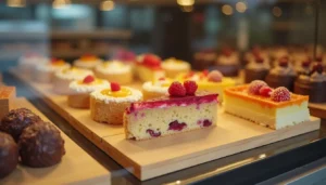 A display of freshly made cakes and pastries at a local bakery, showcasing the quality and variety of desserts available, emphasizing the benefits of ordering from a local bakery.