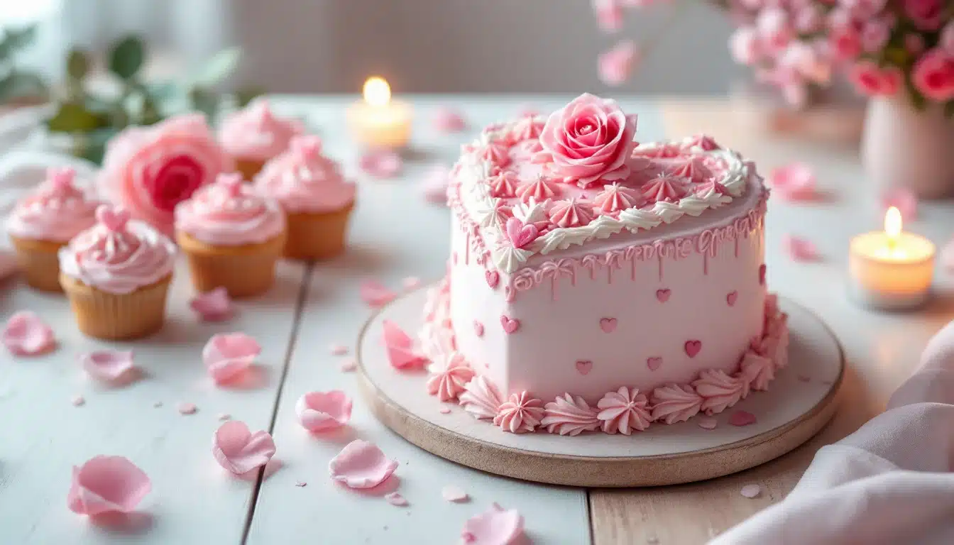 A beautifully decorated heart-shaped cake with intricate pink and white icing designs, surrounded by swirled pink frosting cupcakes, set on a white table with rose petals and lit candles. Perfect for Valentine's Day.