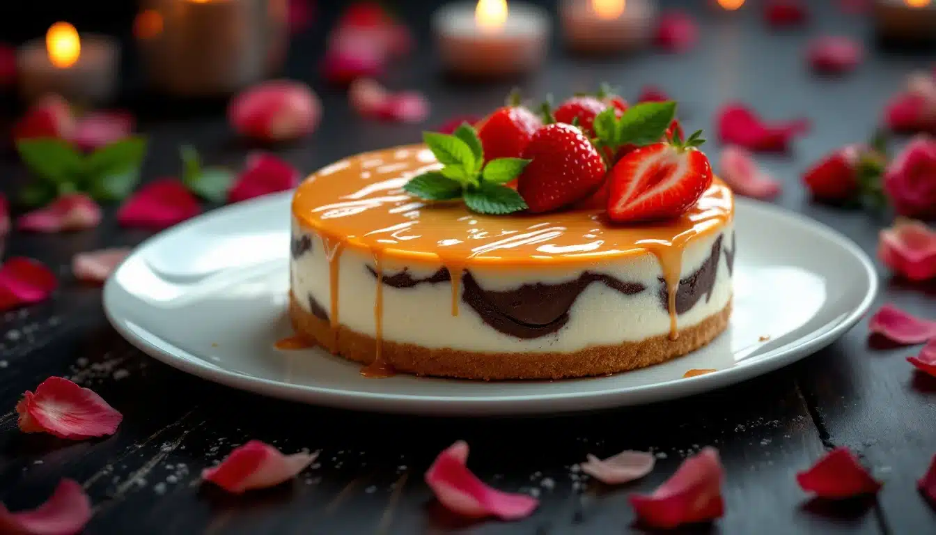 A beautifully decorated cheesecake with caramel drizzle, fresh strawberries, and mint leaves on a white plate. The scene includes lit candles and scattered rose petals, creating a romantic Valentine's Day setting.