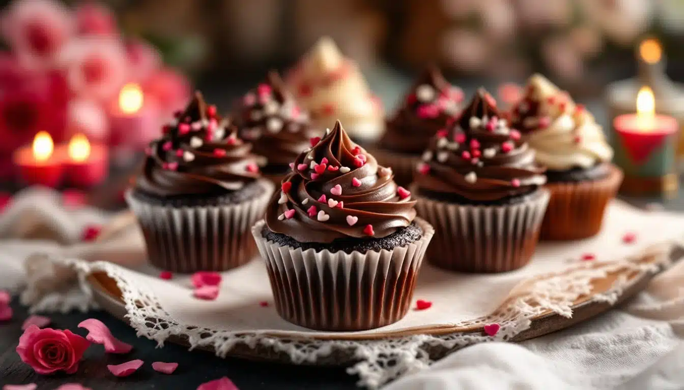 A close-up of classic chocolate cupcakes with rich, swirled chocolate frosting. The frosting is decorated with small heart-shaped sprinkles in red, pink, and white. The cupcakes are arranged on a wooden tray covered with a lace cloth, with blurred candles and flowers in the background, creating a warm and inviting atmosphere.