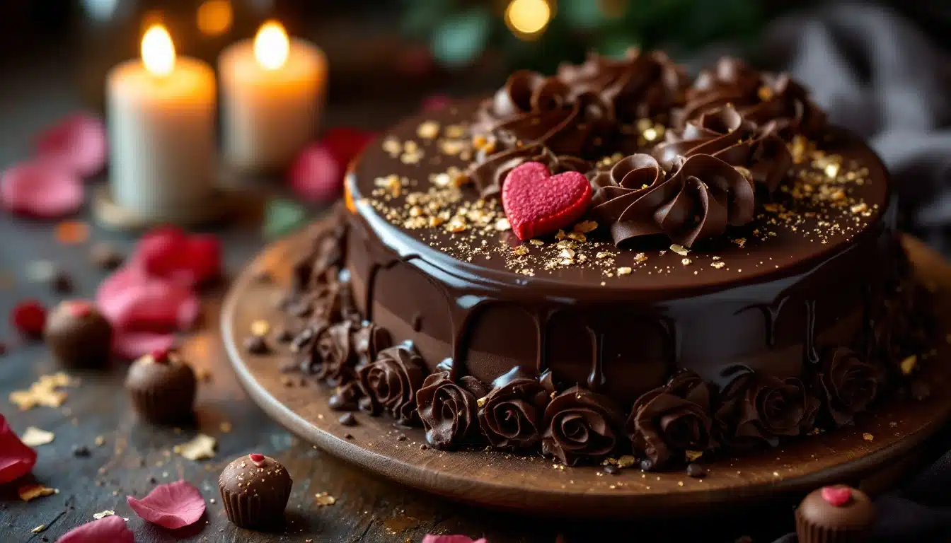 A beautifully decorated chocolate cake with glossy ganache, chocolate rosettes, and a red heart-shaped decoration on top, sprinkled with gold flakes, surrounded by lit candles, rose petals, and chocolate truffles. Perfect for Valentine's Day.