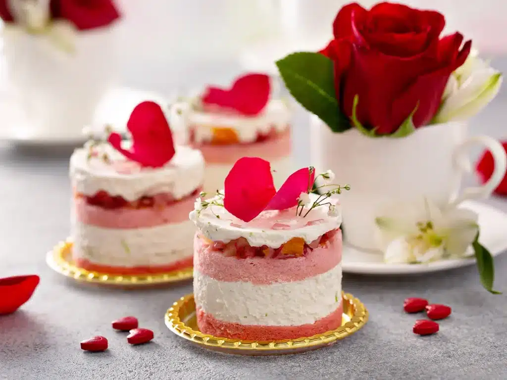 A beautifully arranged dessert setup featuring small layered cakes with white and pink layers, topped with red rose petals and small white flowers, alongside a cup with a red rose, perfect for a romantic Rose Day celebration.
