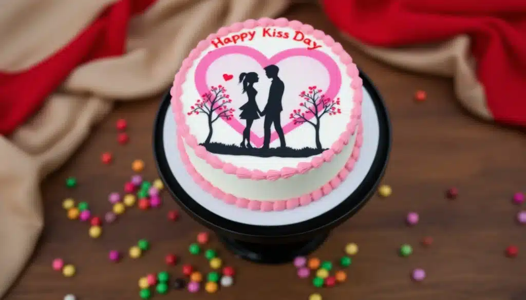 A beautifully decorated cake on a black cake stand, with a white base and pink border. The cake top features an illustration of a couple holding hands, silhouetted against a large heart with a pink background. Additional smaller hearts and two trees with heart-shaped leaves are on either side of the couple. 'Happy Kiss Day' is written at the top of the cake in red. The cake is surrounded by colorful candies scattered on a wooden surface, with red and beige fabric pieces partially visible in the background. The scene captures a romantic theme, perfect for Kiss Day during Valentine's week.