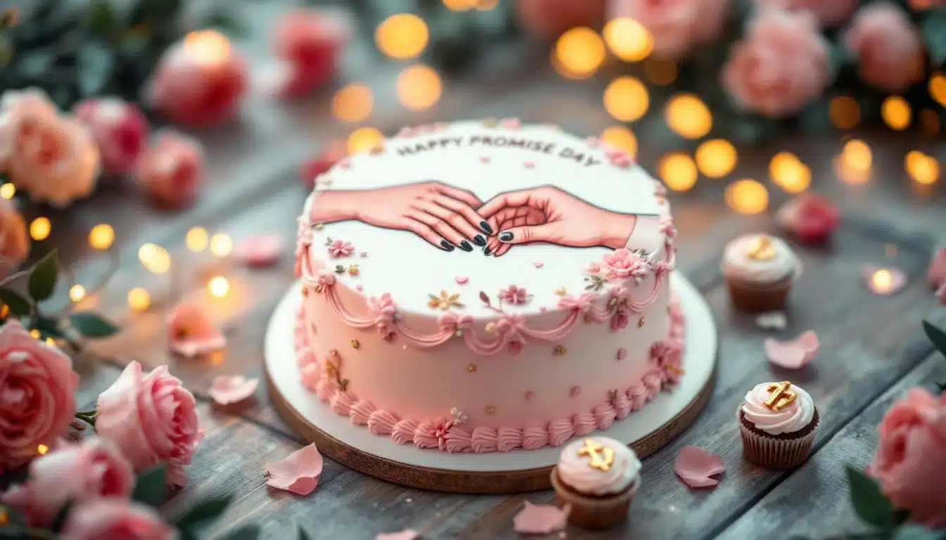 A beautifully decorated Promise Day cake with intricate pink and gold floral designs, white icing, and an illustration of hands holding each other, accompanied by two matching cupcakes with white and pink frosting on a wooden surface with blurred lights and pink roses in the background.