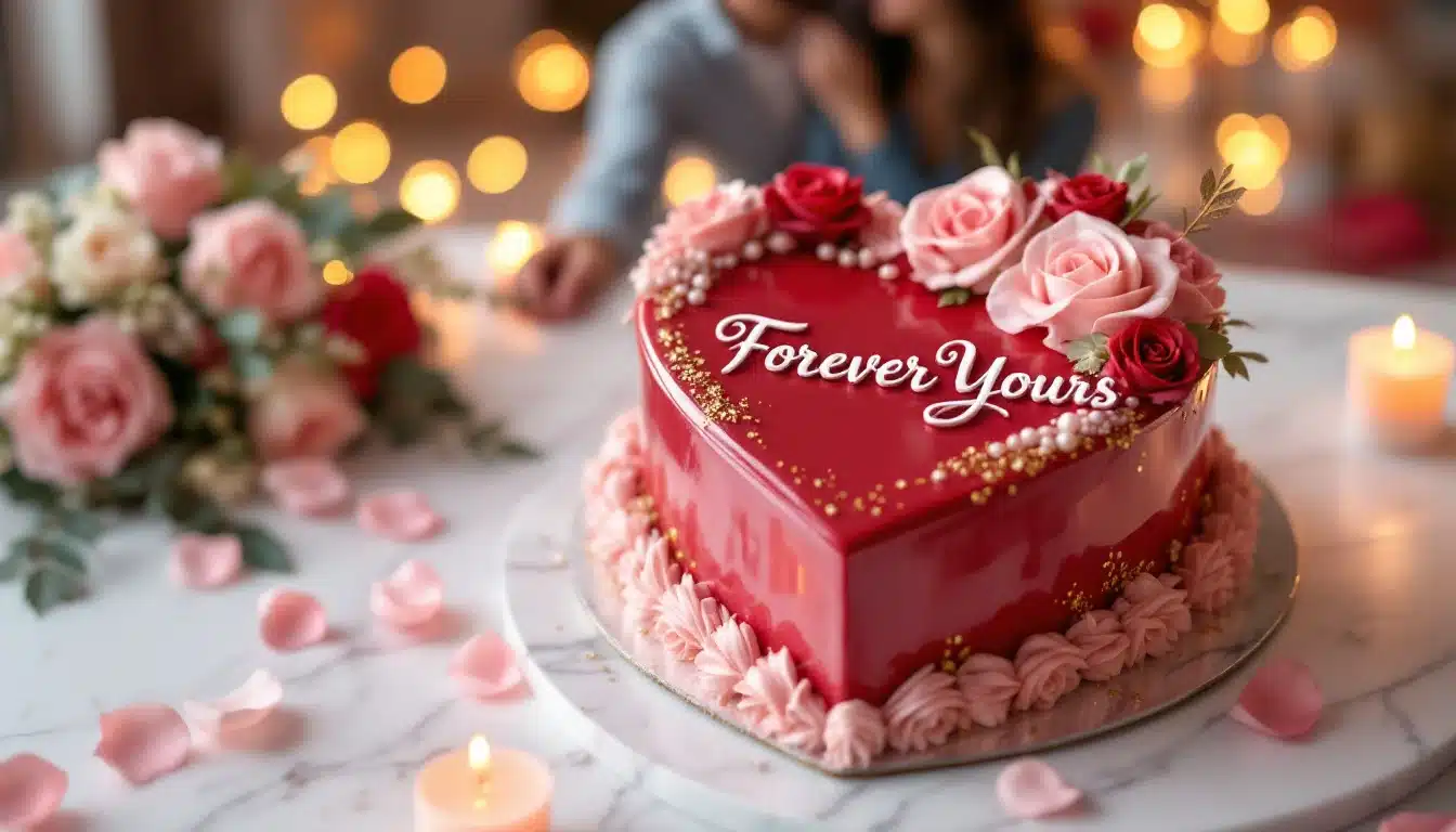 A heart-shaped cake with a glossy red finish, decorated with pink and red frosting roses, white pearls, and gold sprinkles. "Forever Yours" is written on top in white script. The cake is surrounded by rose petals and candles, set on a marble surface for a romantic Promise Day.