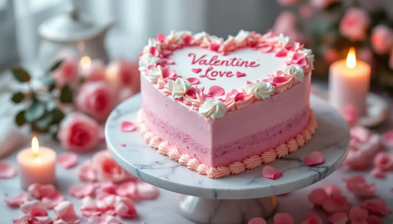 A beautifully decorated heart-shaped cake with pink frosting and intricate white and pink icing designs, placed on a marble cake stand. The scene is adorned with pink rose petals and lit candles, creating a romantic Valentine's Day ambiance. The top of the cake features the text "Valentine Love" written in red icing.