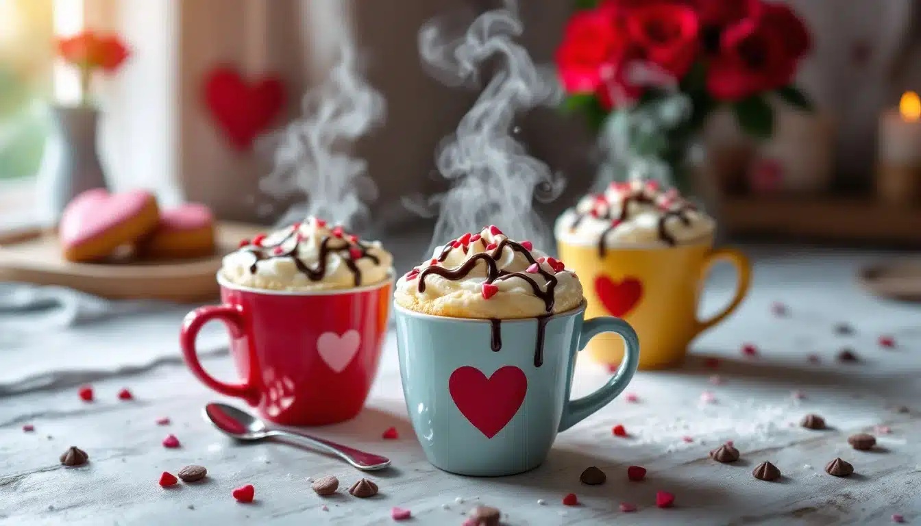 Three steaming mug cakes, each topped with whipped cream, chocolate drizzle, and small heart-shaped sprinkles. The mugs, in red, blue, and yellow, are adorned with large heart symbols. The scene is set on a light-colored table with scattered chocolate chips and heart-shaped sprinkles, featuring a vase with red roses, a candle, and heart-shaped cookies in the background, creating a warm and cozy Hug Day treat.