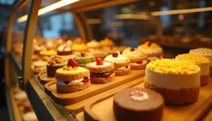 A stunning display of handcrafted pastries and cakes at a local bakery, showcasing the high quality and personalized touches that local bakeries offer, emphasizing how local bakeries outshine chain bakeries.