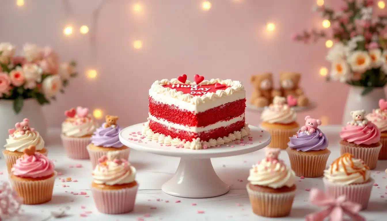 A heart-shaped cake with red and white layers, topped with white frosting and small red heart decorations that read "Hug Day," surrounded by colorful cupcakes with bear figurines, set on a festively decorated table with soft lighting and floral accents.