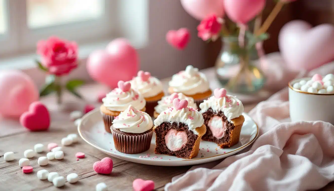 A plate of chocolate cupcakes with white frosting, pink heart-shaped sprinkles, and small pink heart toppers. One cupcake is cut open to reveal a surprise pink heart-shaped marshmallow center. The background features pink and white heart-shaped decorations, a pink rose, and a cup filled with white and pink candies, creating a romantic and festive atmosphere perfect for Hug Day.