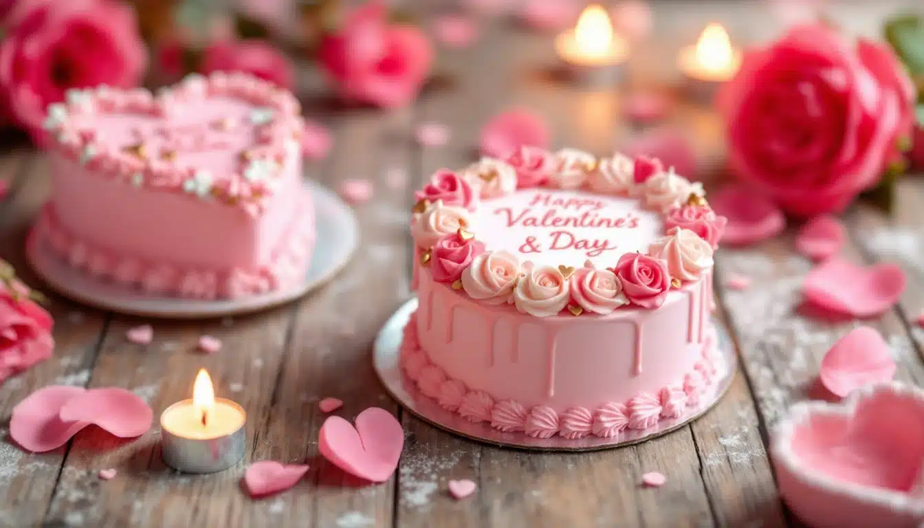 Two beautifully decorated mini cakes for Valentine's Day. One cake is round with pink frosting and rose decorations, the other is heart-shaped with similar floral decorations. The scene includes rose petals and a lit tealight candle, creating a romantic atmosphere.