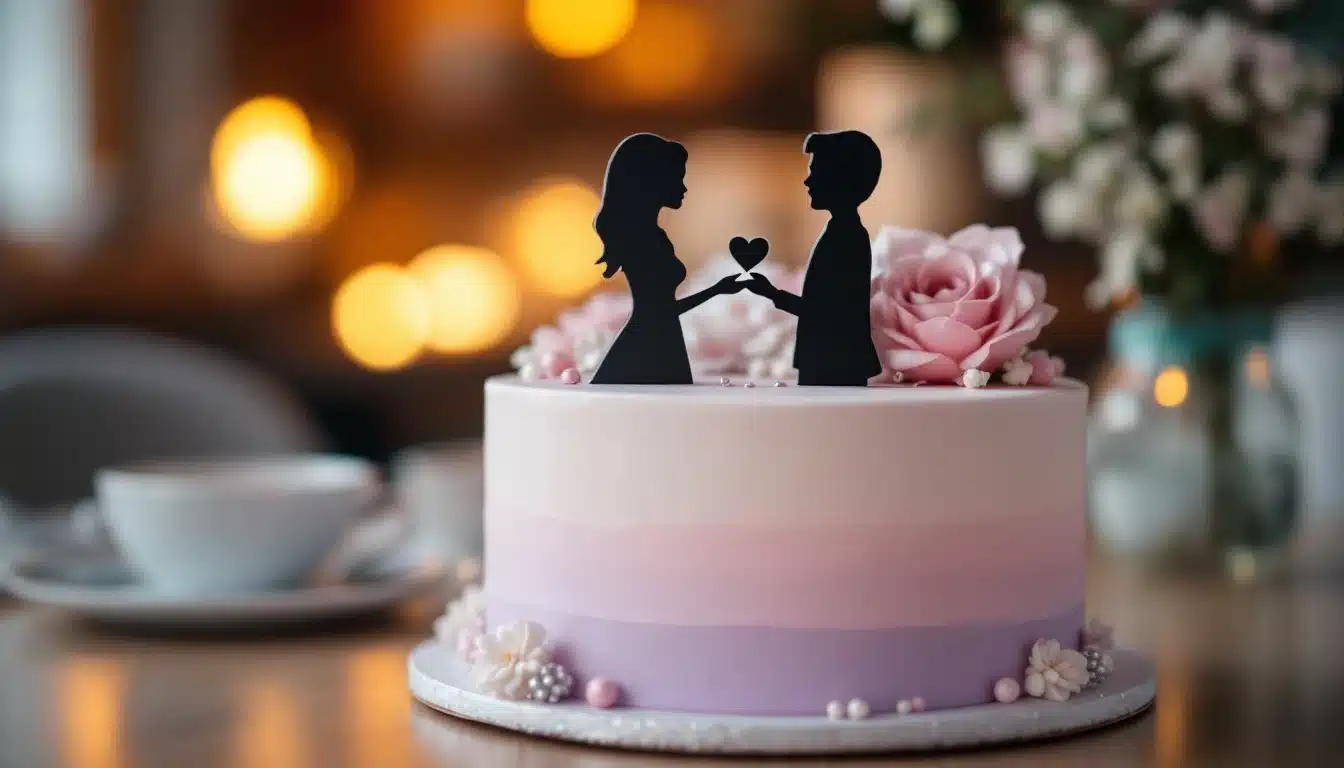 A beautifully decorated cake with a pink and purple gradient design, featuring a topper with the silhouettes of a couple holding a heart between them. The cake is adorned with delicate flowers and pearls, adding an elegant touch. Perfect for celebrating Promise Day and symbolizing love and commitment.