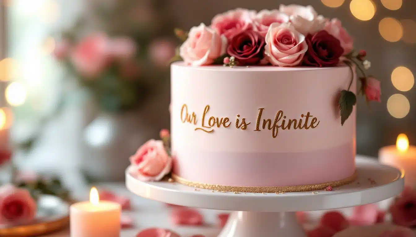 A beautifully decorated cake with "Our Love is Infinite" written in gold on the side. The cake has a pink gradient effect and is adorned with an arrangement of pink and red roses on top. The cake is placed on a white cake stand, surrounded by candles and rose petals, creating a romantic ambiance.