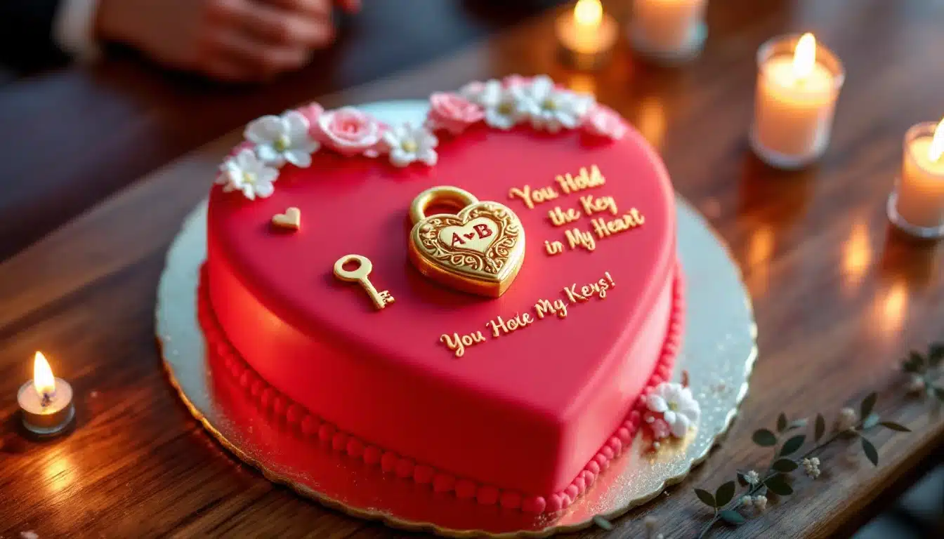 A heart-shaped cake covered in red fondant, decorated with white and pink icing flowers. The cake features a golden lock inscribed with "A+B" and a matching golden key. The text "You Hold the Key in My Heart" and "You Hold My Keys!" is written in gold lettering. Candles are lit around the cake, creating a romantic ambiance.