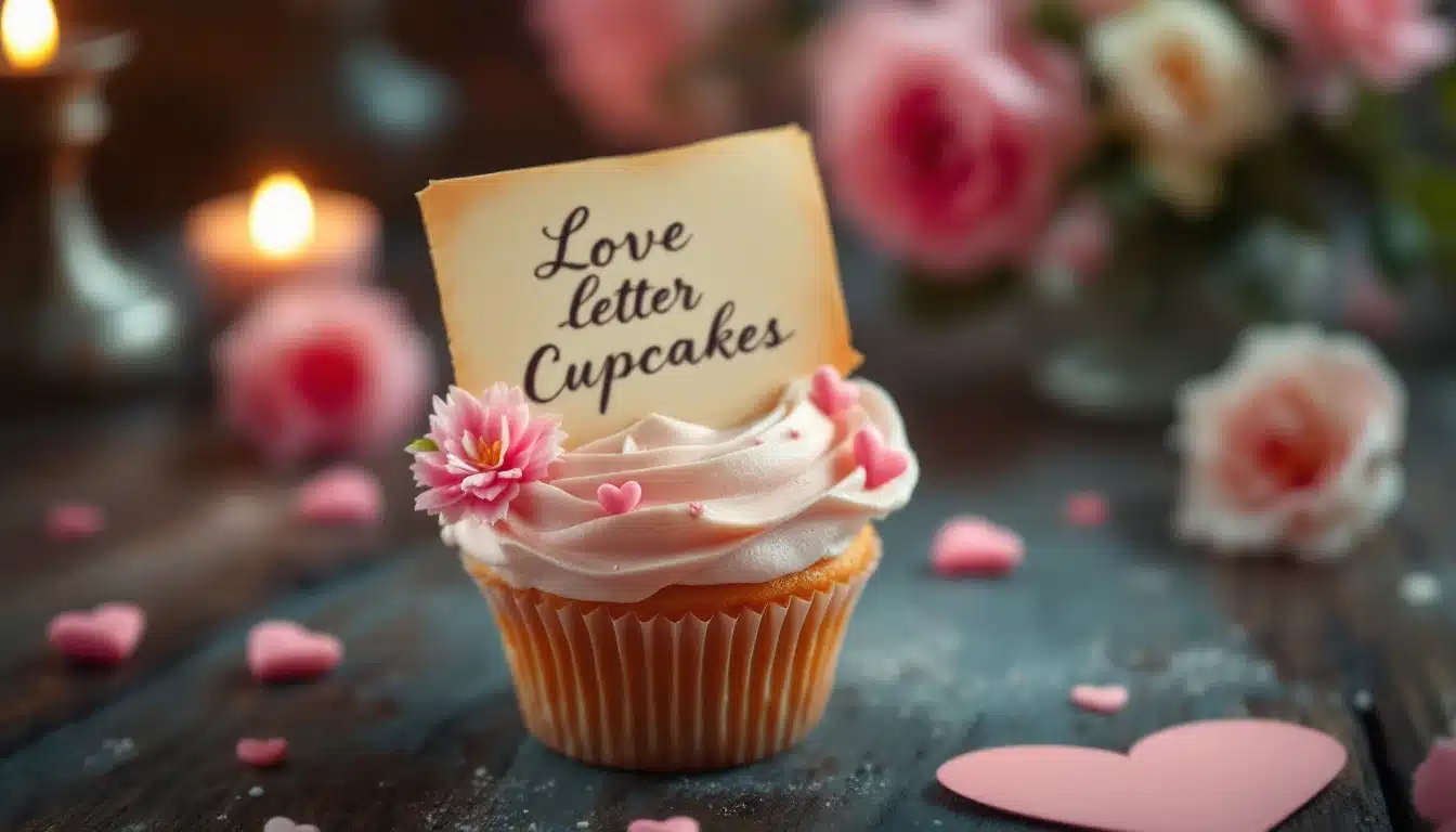 A beautifully decorated cupcake with a swirl of pink frosting, adorned with small pink heart-shaped sprinkles and a pink flower. A small card reading "Love letter Cupcakes" is inserted into the frosting. The background features softly blurred pink roses and a lit candle, creating a romantic ambiance perfect for Promise Day.