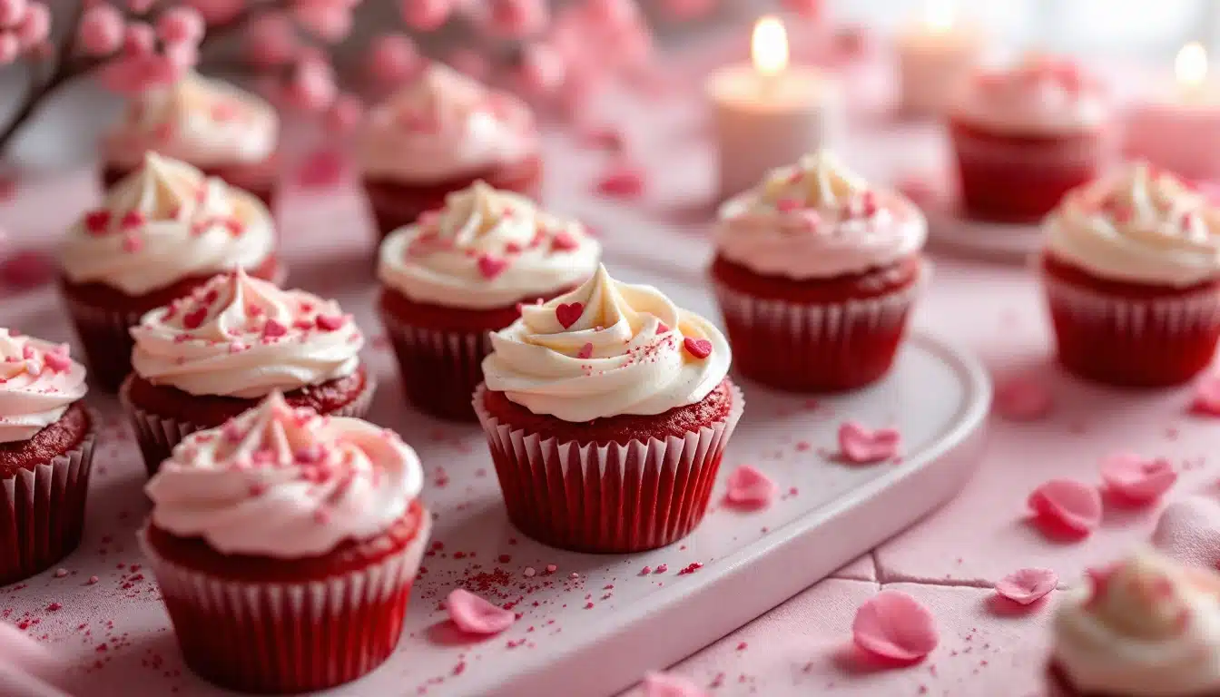 A collection of red velvet cupcakes with white frosting, decorated with small pink and red heart-shaped sprinkles, arranged on a white tray and surrounded by pink flower petals. In the background, blurred pink flowers and lit candles create a romantic and festive atmosphere, perfect for Hug Day or Valentine's Day celebrations.