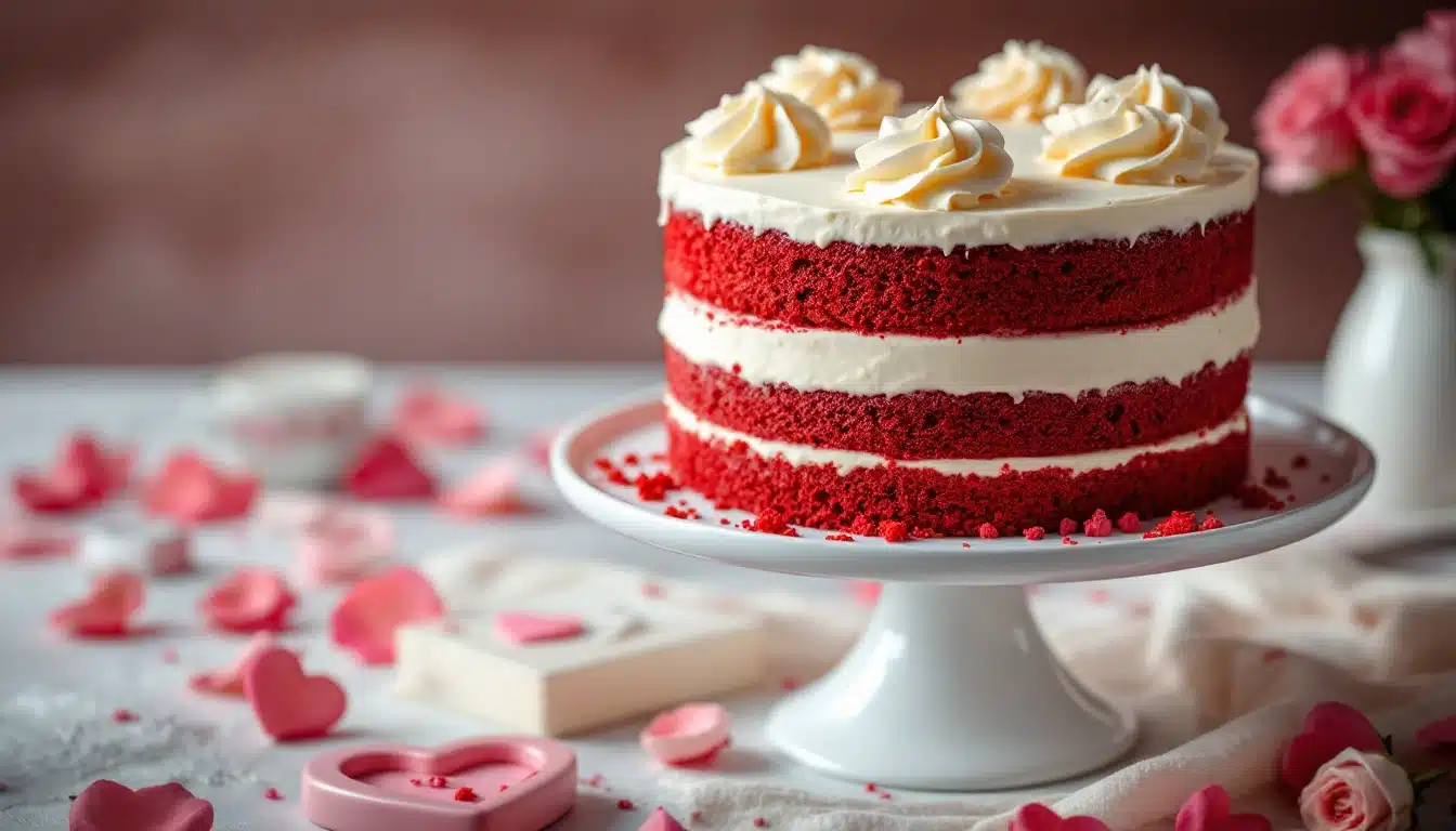 A beautifully decorated red velvet cake with three layers of red velvet sponge and white cream cheese frosting, topped with swirls of frosting. The cake is placed on a white cake stand, surrounded by pink and red heart-shaped decorations, rose petals, and a blurred background featuring a teacup and pink roses. Ideal for Valentine's Day.