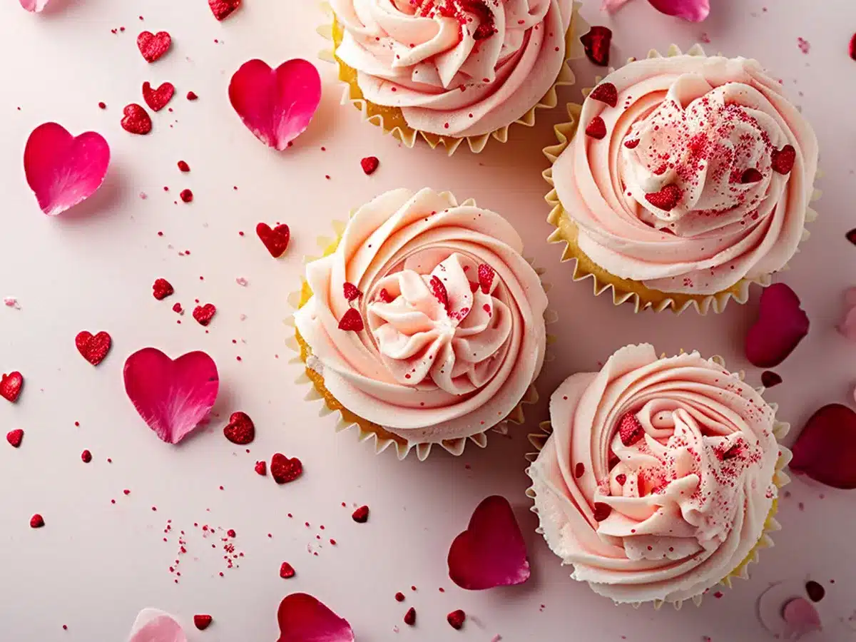 Four cupcakes with pink frosting, decorated with red heart-shaped sprinkles and rose petals, arranged on a light pink surface with heart-shaped confetti, perfect for celebrating Rose Day with love.