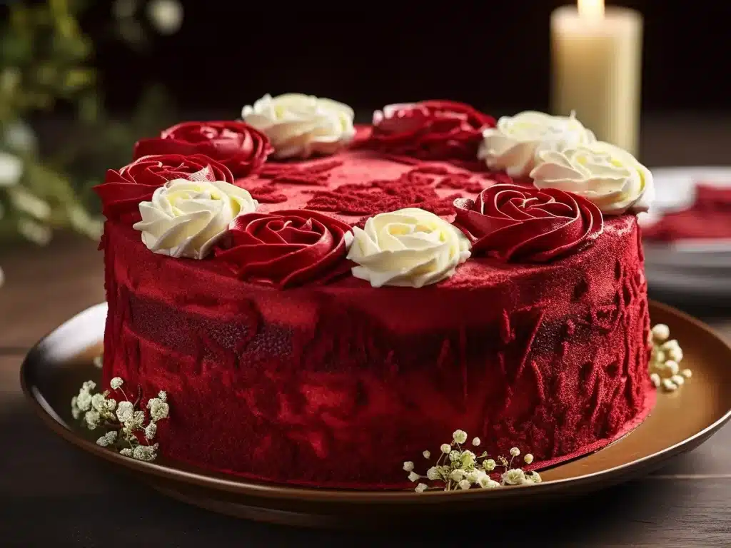 A red velvet cake with intricate rose-shaped frosting on top, decorated with red and white rose designs, perfect for a Rose Day celebration on Valentine’s Day.