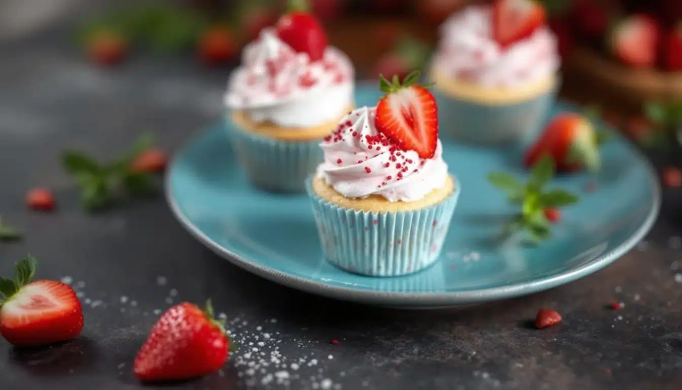 Three strawberry shortcake cupcakes placed on a blue plate. Each cupcake is topped with a swirl of white frosting, sprinkled with red sugar crystals, and garnished with a halved strawberry. Scattered strawberries and green leaves in the background enhance the fresh and vibrant presentation, making these cupcakes a perfect Hug Day treat.