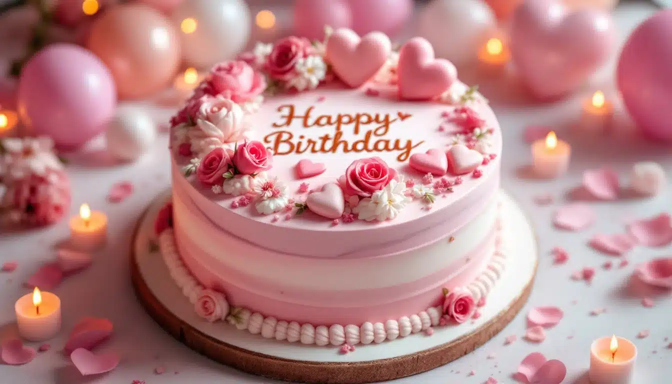 A beautifully decorated birthday cake with pink and white frosting, featuring roses, hearts, and small flowers. The top reads "Happy Birthday" in elegant script. Surrounding the cake are lit candles, pink and white balloons, and scattered pink rose petals, creating a festive and romantic Valentine's Day ambiance.