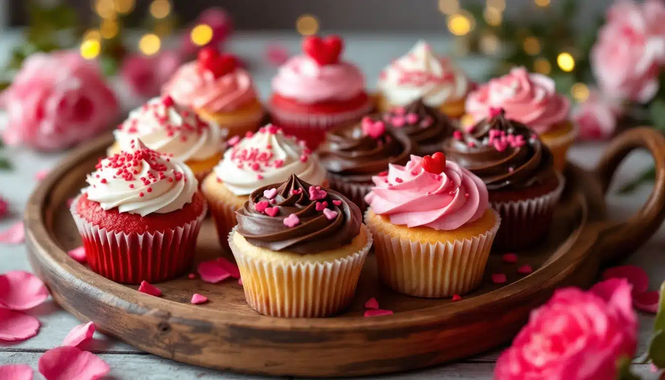 A wooden tray filled with a variety of beautifully decorated cupcakes with red, pink, white, and chocolate frosting, heart-shaped decorations, and sprinkles. The background includes blurred lights and pink rose petals, adding to the festive and romantic Valentine's Day atmosphere.