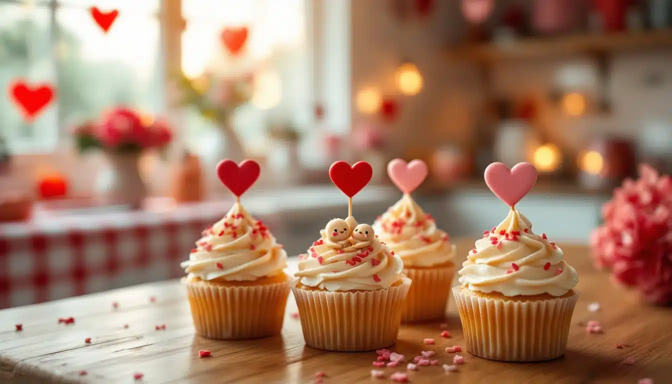 Four vanilla bean cupcakes with creamy white frosting and heart-shaped decorations. Each cupcake is adorned with small red and pink heart sprinkles. One cupcake features a pair of fondant figures hugging, set against a warm kitchen background with hanging red heart decorations, creating a cozy and affectionate atmosphere perfect for Hug Day.