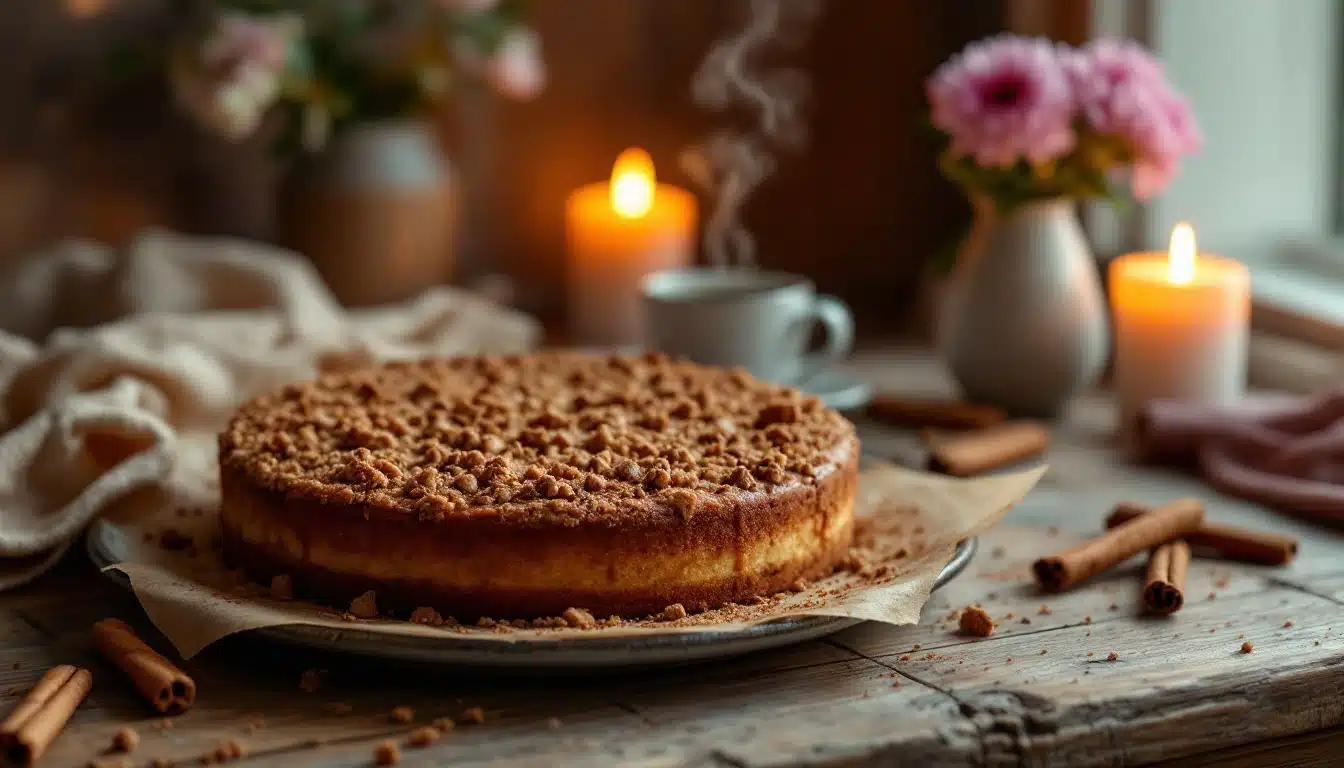 A beautifully presented warm cinnamon crumb cake on a rustic wooden table, with a piece of parchment paper underneath. Surrounded by several cinnamon sticks, two lit candles, a steaming cup of coffee or tea, and a vase with pink flowers, creating a cozy and inviting atmosphere perfect for Hug Day celebrations.