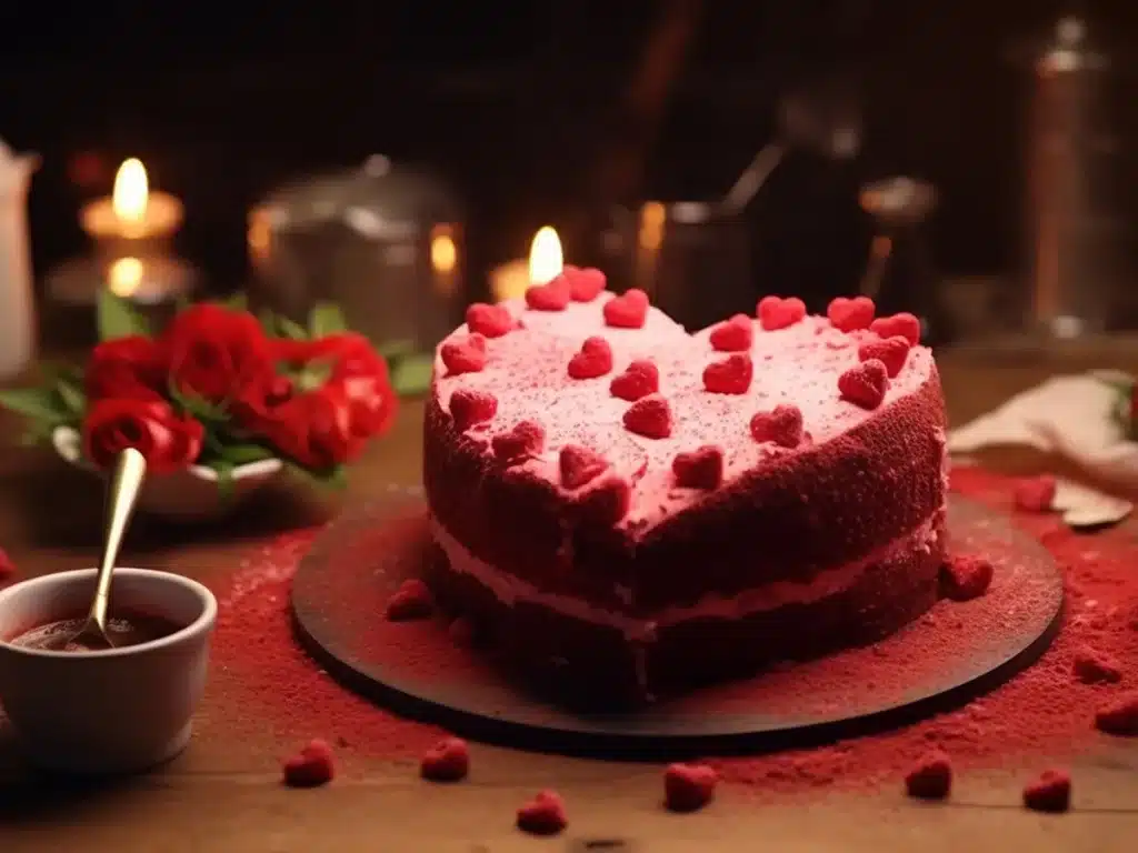 A heart-shaped red velvet cake with pink and red decorations, surrounded by romantic elements such as lit candles and red roses, perfect for ordering on Rose Day.
