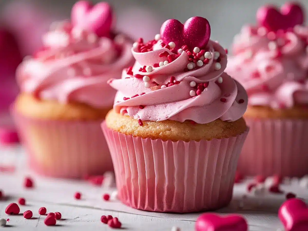 Three beautifully decorated cupcakes with pink frosting, topped with heart-shaped decorations and sprinkles, symbolizing love and affection, making them an ideal gift for Rose Day.
