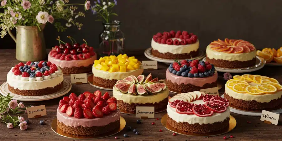 A delicious display of seasonal fruit cakes labeled as Spring, Summer, Autumn, and Winter, each topped with fresh fruits like strawberries, figs, berries, mango, pomegranate, cherries, oranges, and raspberries, highlighting "Which Seasonal Fruits Make the Best Cake Toppings?".