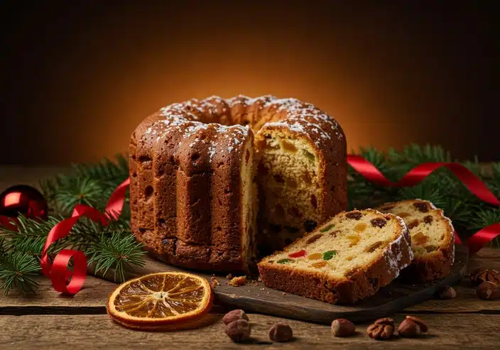 A beautifully baked classic Christmas fruitcake with slices showing colorful dried fruits inside, surrounded by festive decorations like red ribbons, pine branches, dried orange slices, and Christmas ornaments, capturing the essence of "Classic Christmas Favorites: Fruitcake."